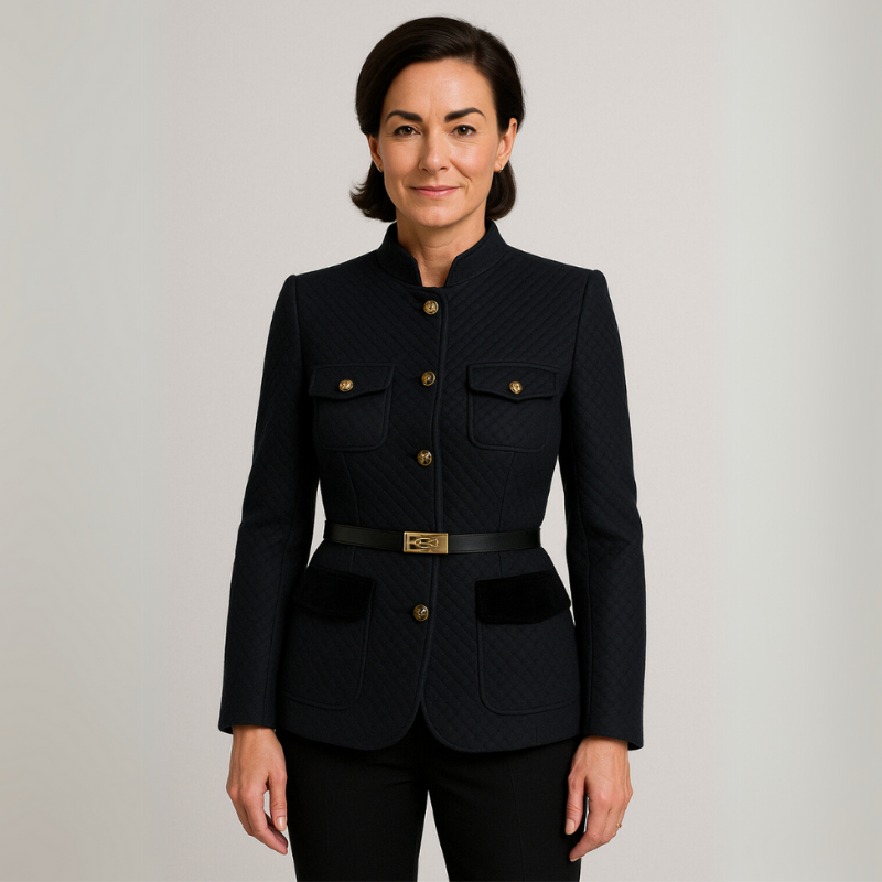 Elegant Women's Tweed Blazer with Tailored Cut and High Collar