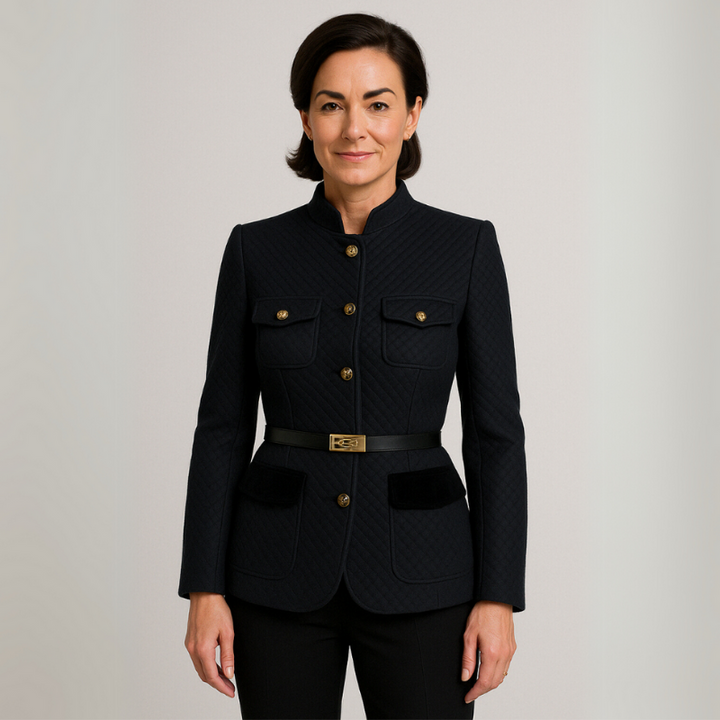 Elegant Women's Tweed Blazer with Tailored Cut and High Collar