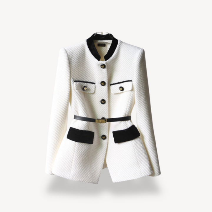 Elegant Women's Tweed Blazer with Tailored Cut and High Collar