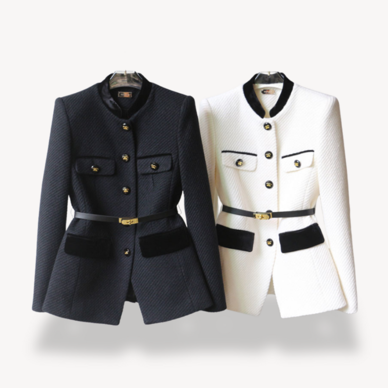 Elegant Women's Tweed Blazer with Tailored Cut and High Collar