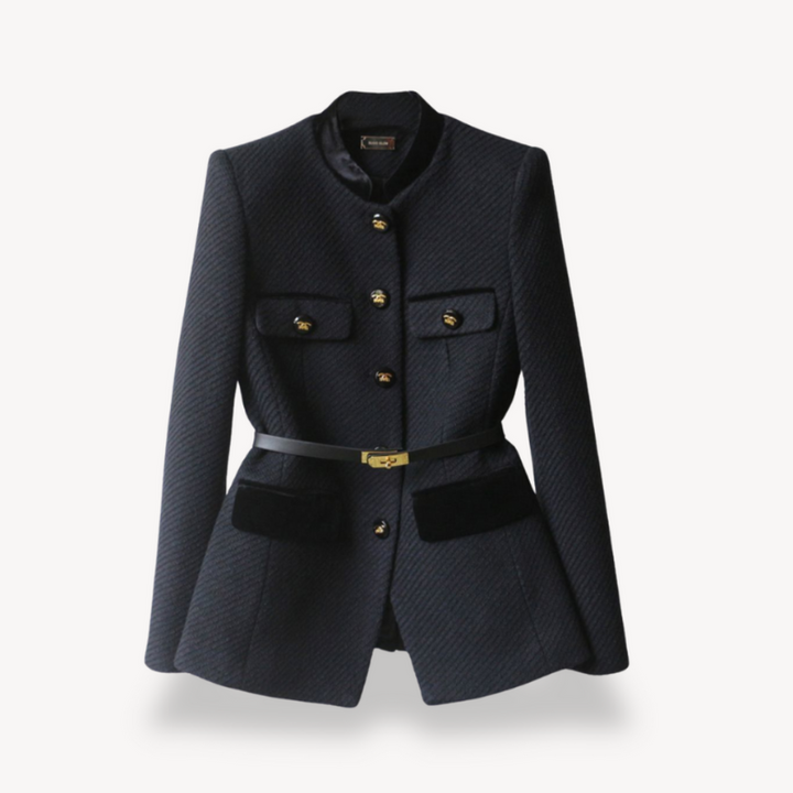 Elegant Women's Tweed Blazer with Tailored Cut and High Collar