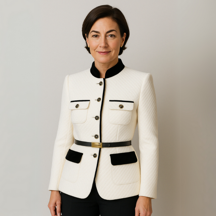 Elegant Women's Tweed Blazer with Tailored Cut and High Collar