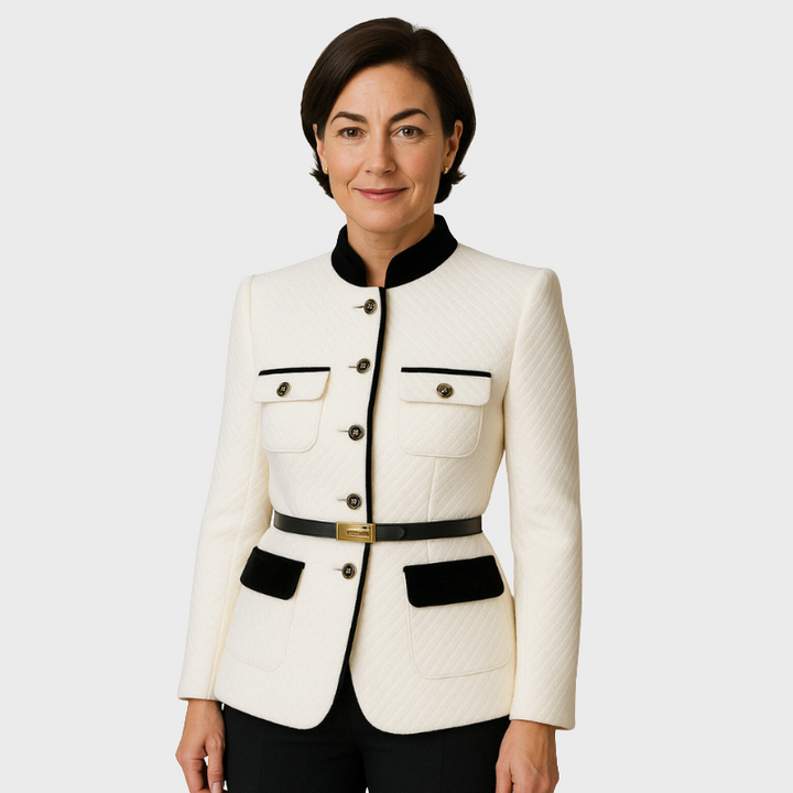 Elegant Women's Tweed Blazer with Tailored Cut and High Collar