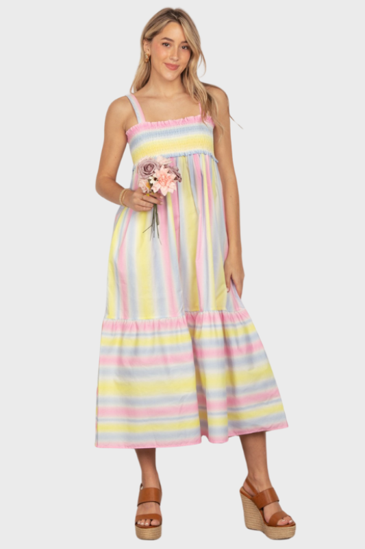 Ella | Women's Striped Woven Smocked Midi Cami Dress