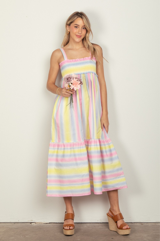 Ella | Women's Striped Woven Smocked Midi Cami Dress