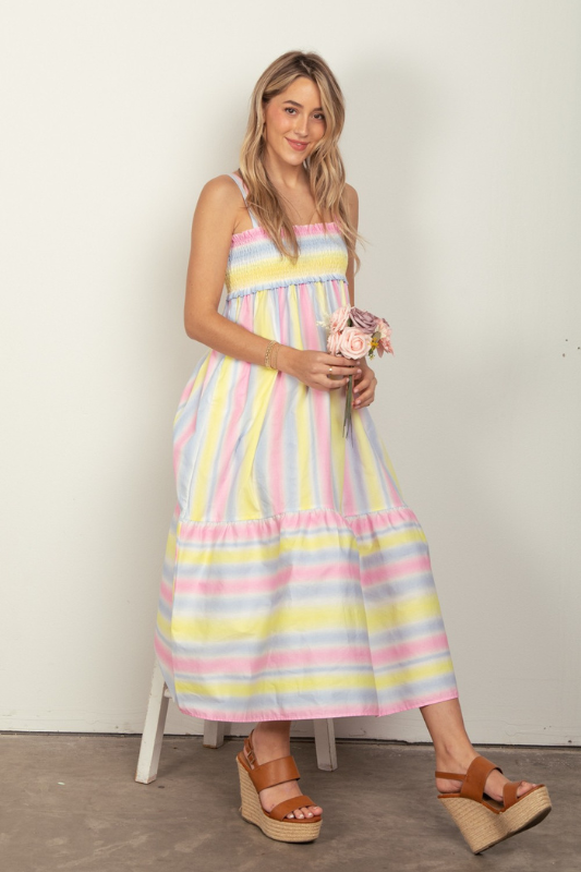 Ella | Women's Striped Woven Smocked Midi Cami Dress