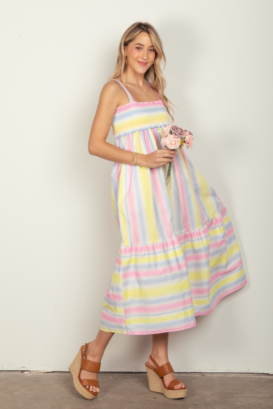 Ella | Women's Striped Woven Smocked Midi Cami Dress