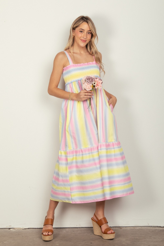 Ella | Women's Striped Woven Smocked Midi Cami Dress
