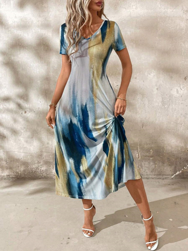 Emily | Women's Tie-Dye V-Neck Short Sleeve Midi Tee Dress