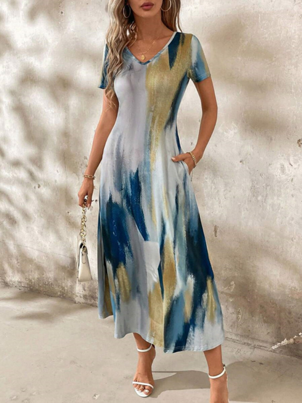 Emily | Women's Tie-Dye V-Neck Short Sleeve Midi Tee Dress