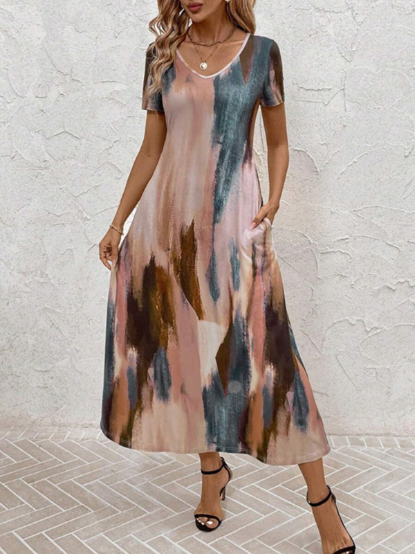 Emily | Women's Tie-Dye V-Neck Short Sleeve Midi Tee Dress