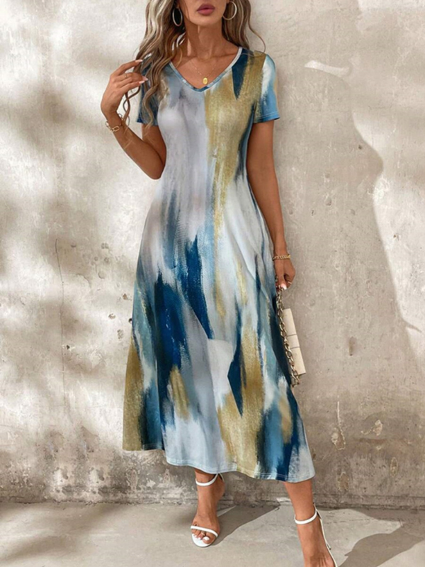 Emily | Women's Tie-Dye V-Neck Short Sleeve Midi Tee Dress