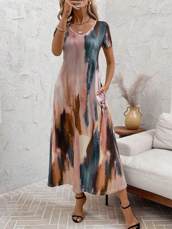 Emily | Women's Tie-Dye V-Neck Short Sleeve Midi Tee Dress