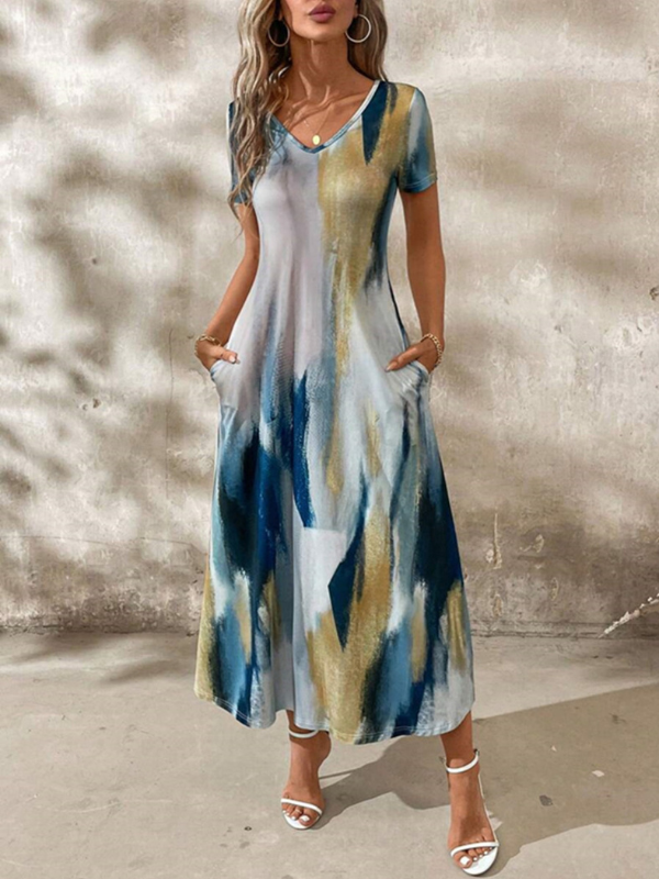 Emily | Women's Tie-Dye V-Neck Short Sleeve Midi Tee Dress