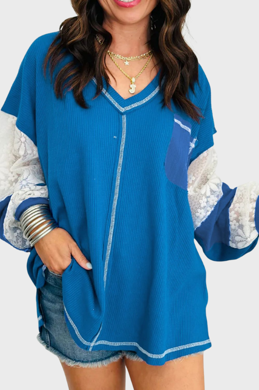 Evelyn | Women's Lace Patchwork Sleeve Stitching V Neck Top