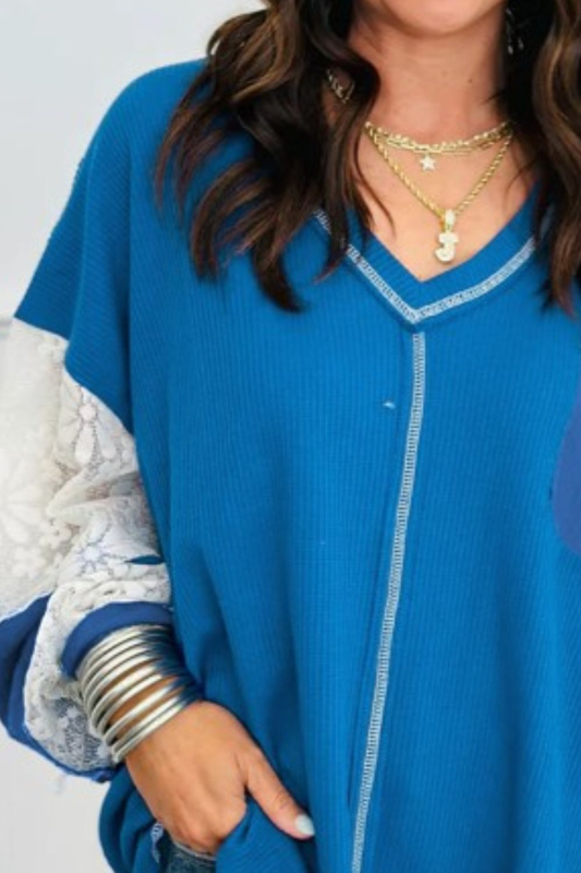 Evelyn | Women's Lace Patchwork Sleeve Stitching V Neck Top