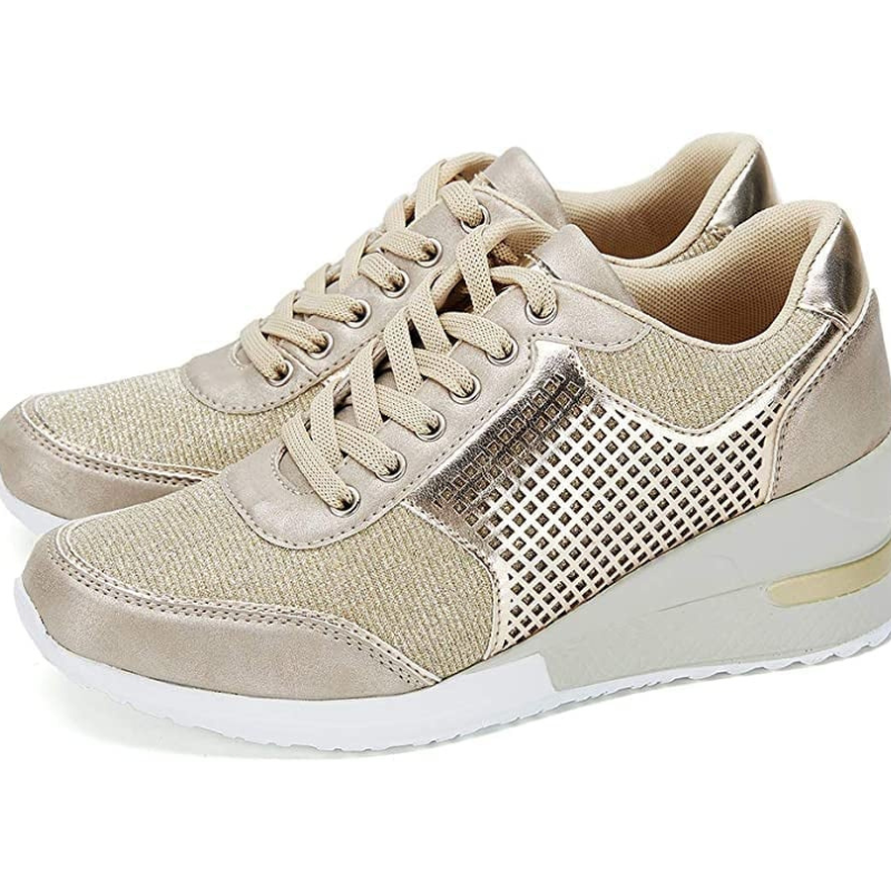 Gold Women’s Hidden High-Heeled Wedge Mesh Fit Trainers 