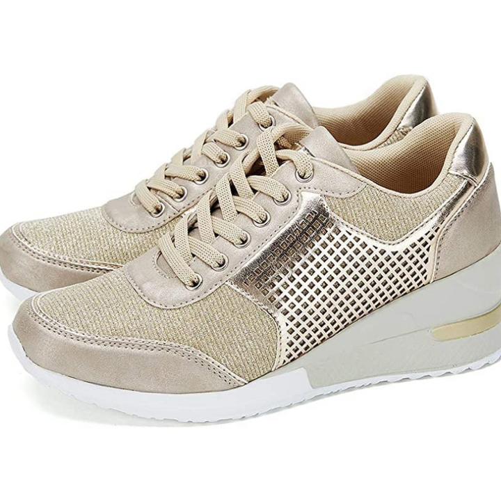 Gold Women’s Hidden High-Heeled Wedge Mesh Fit Trainers 
