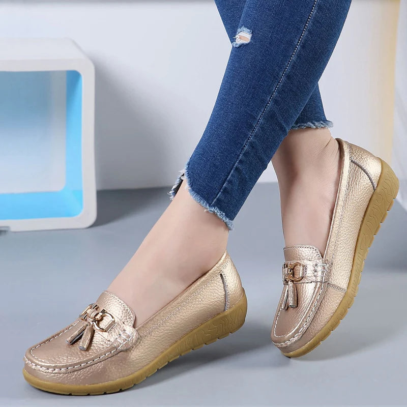 Gold Women’s Classic Comfort Slip-On Ballerinas on the model