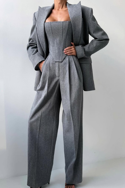 Gray Women’s 3-Piece Suit Set - Cropped Blazer & Wide-Leg Trousers on the model