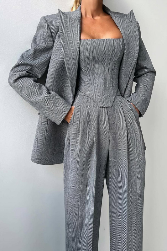 Gray Women’s 3-Piece Suit Set - Cropped Blazer & Wide-Leg Trousers on the model