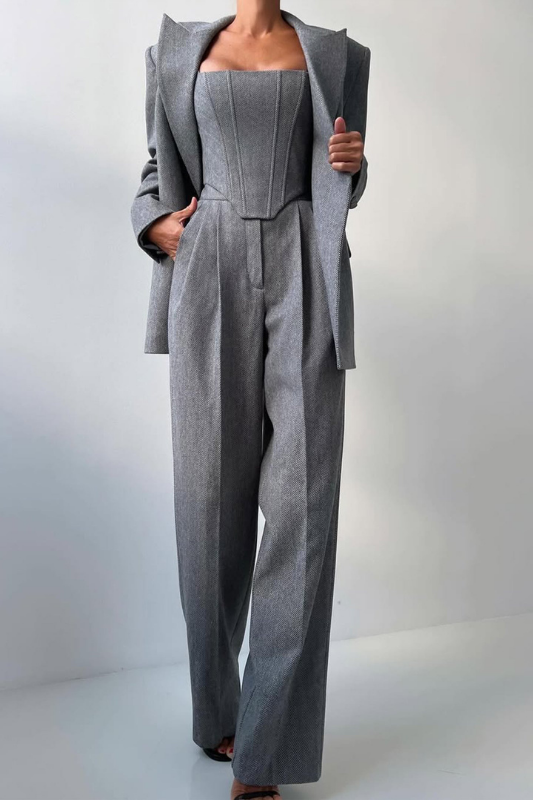 Gray Women’s 3-Piece Suit Set - Cropped Blazer & Wide-Leg Trousers on the model