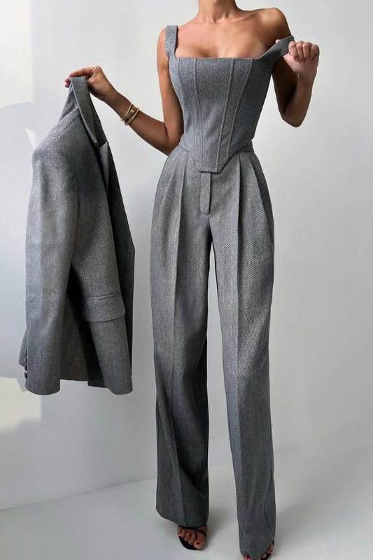 Gray Women’s 3-Piece Suit Set - Cropped Blazer & Wide-Leg Trousers on the model