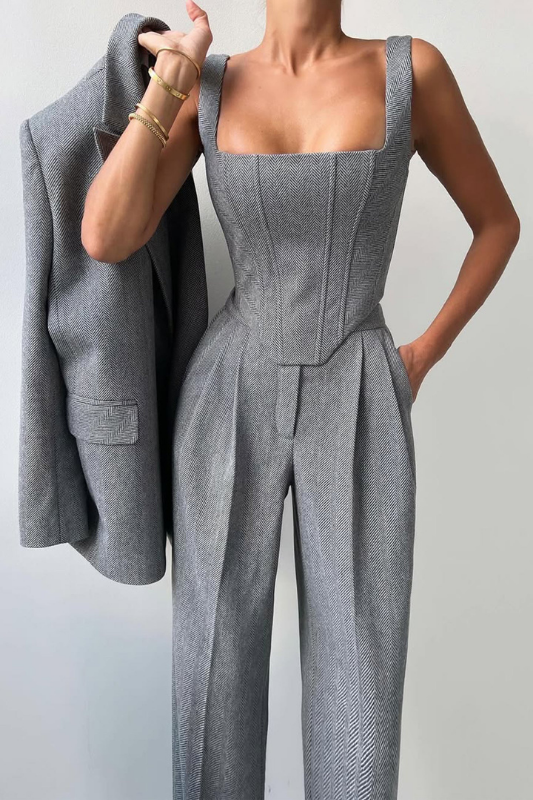 Gray Women’s 3-Piece Suit Set - Cropped Blazer & Wide-Leg Trousers on the model