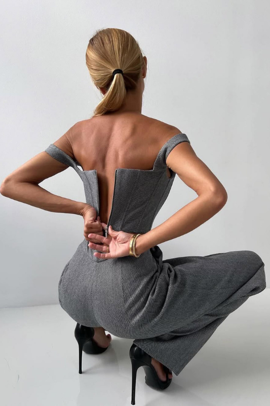 Gray Women’s 3-Piece Suit Set - Cropped Blazer & Wide-Leg Trousers on the model