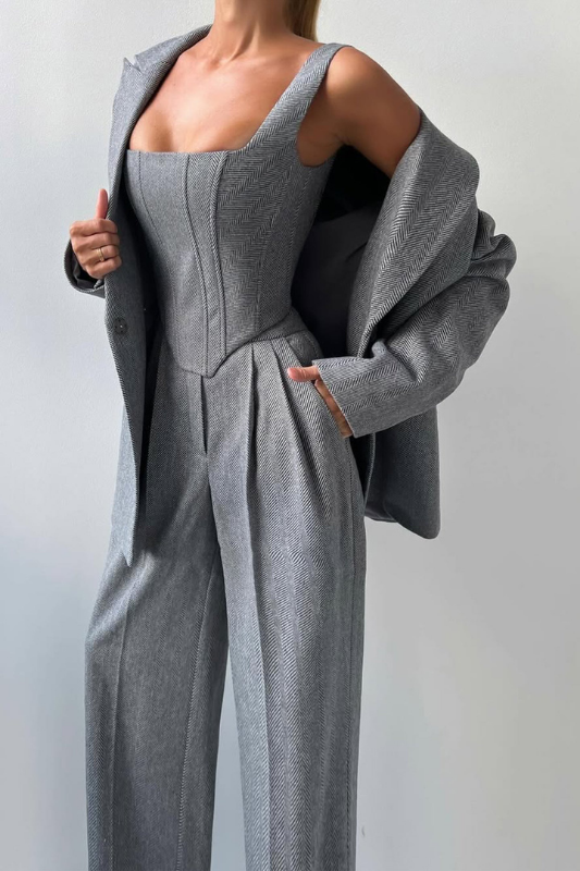 Gray Women’s 3-Piece Suit Set - Cropped Blazer & Wide-Leg Trousers on the model