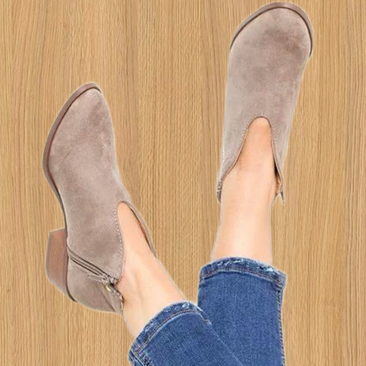 Gray Women’s All-Season Chic Fit V-Cut Ankle Boots on the model