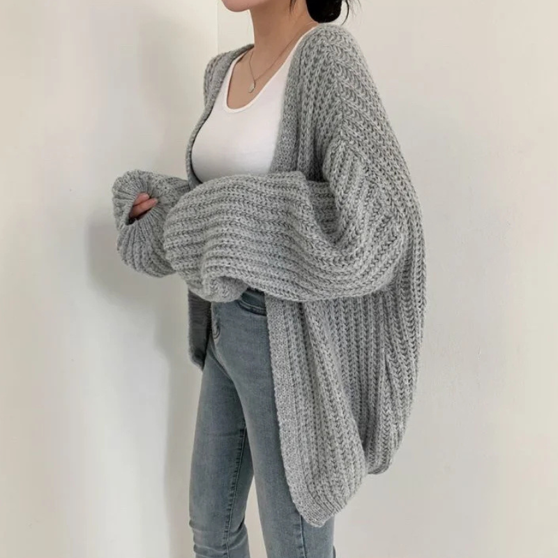 Gray Women’s Lantern Sleeve Vintage Cardigan on the model