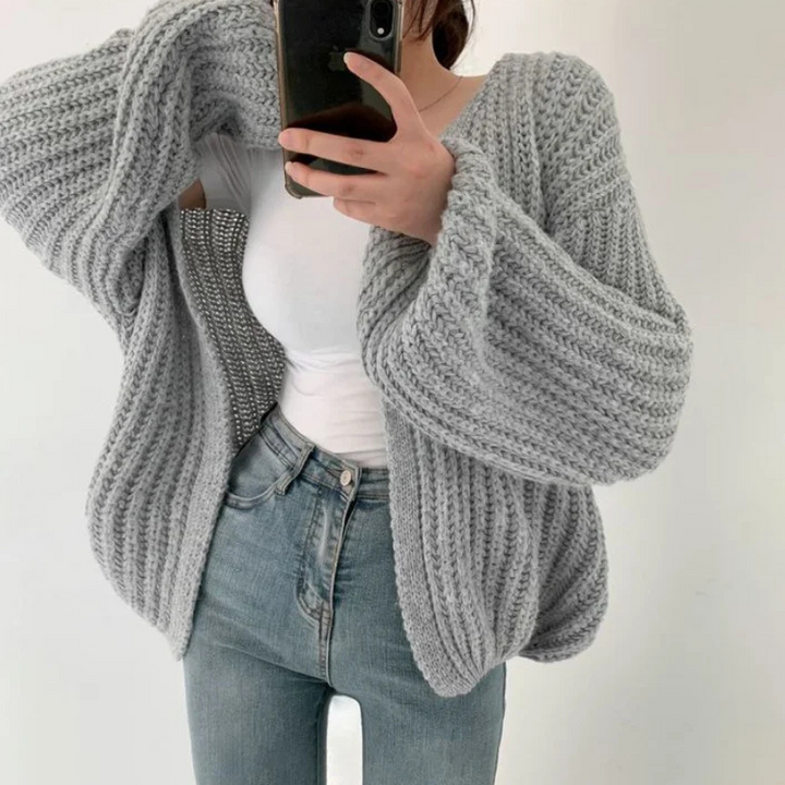 Gray Women’s Lantern Sleeve Vintage Cardigan on the model
