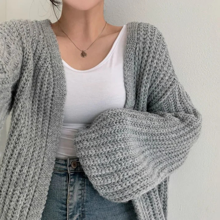 Gray Women’s Lantern Sleeve Vintage Cardigan on the model