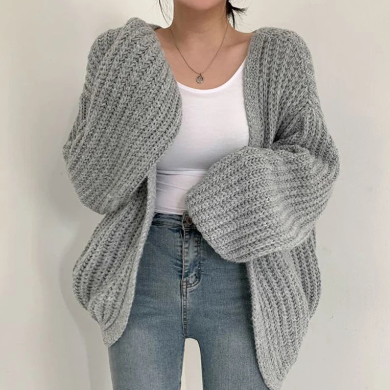 Gray Women’s Lantern Sleeve Vintage Cardigan on the model