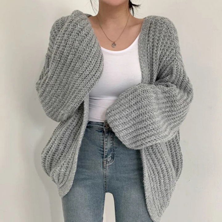Gray Women’s Lantern Sleeve Vintage Cardigan on the model