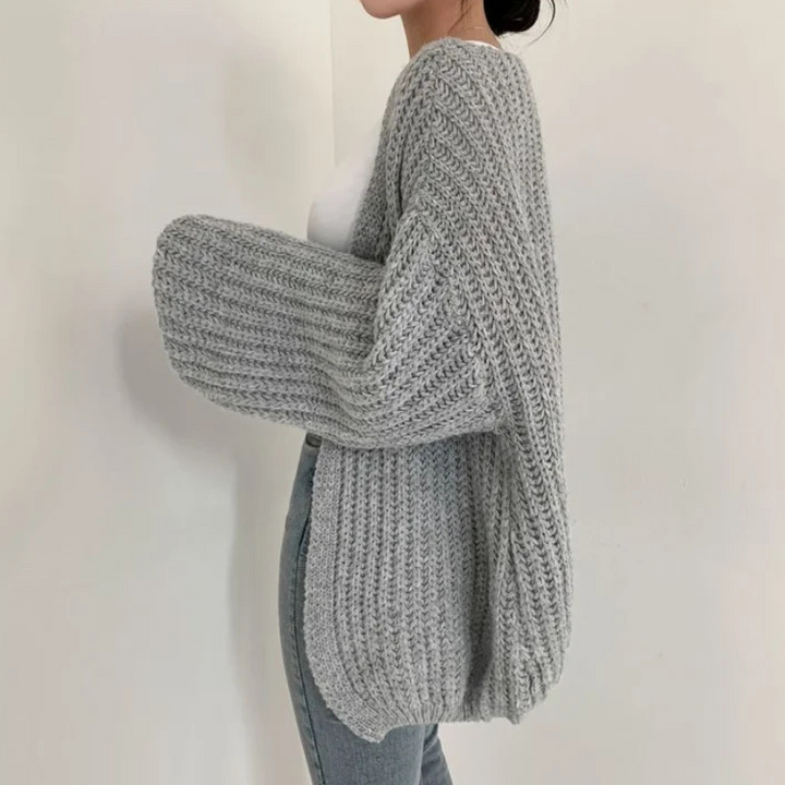 Gray Women’s Lantern Sleeve Vintage Cardigan on the model