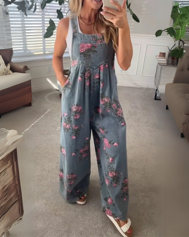 Gray Women’s Pocketed Casual Printed Overalls on the model