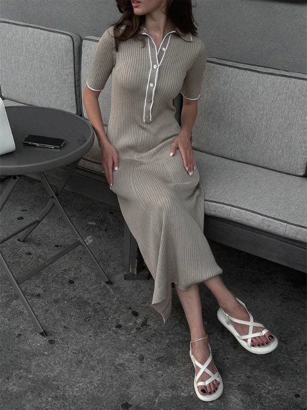 Women’s Ribbed Knit Maxi Dress with Collared V-Neck Buttoned