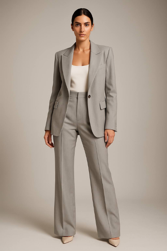 Gray Women’s Slim Blazer & Wide-Leg Pants Two-Piece Suit on the model