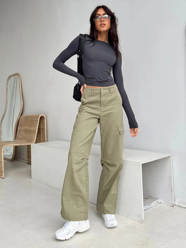 Gray Women’s Solid Slim-Fit Long Sleeve Tee on the model