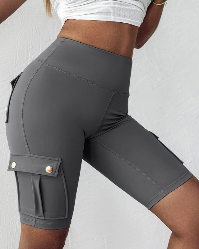 Gray Women’s Tie-Belt High-Waisted Rolled Hem Shorts on the model