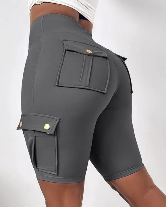 Gray Women’s Tie-Belt High-Waisted Rolled Hem Shorts on the model