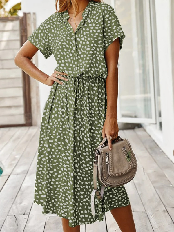 Green Women’s Breezy Printed Midi Summer Dress with Short Sleeves on the model