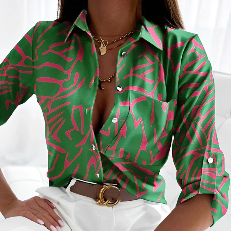 Green Women’s Classic Collar Fit Button-Down Shirt on the model