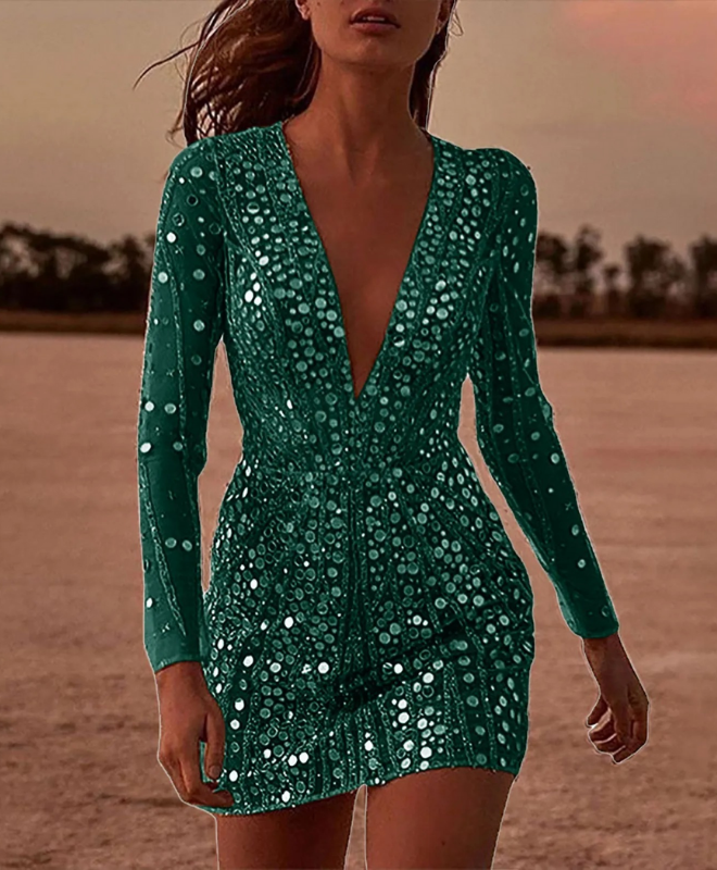 Green Women’s Curve-Hugging Glitter Sequin Cocktail Dress on the model