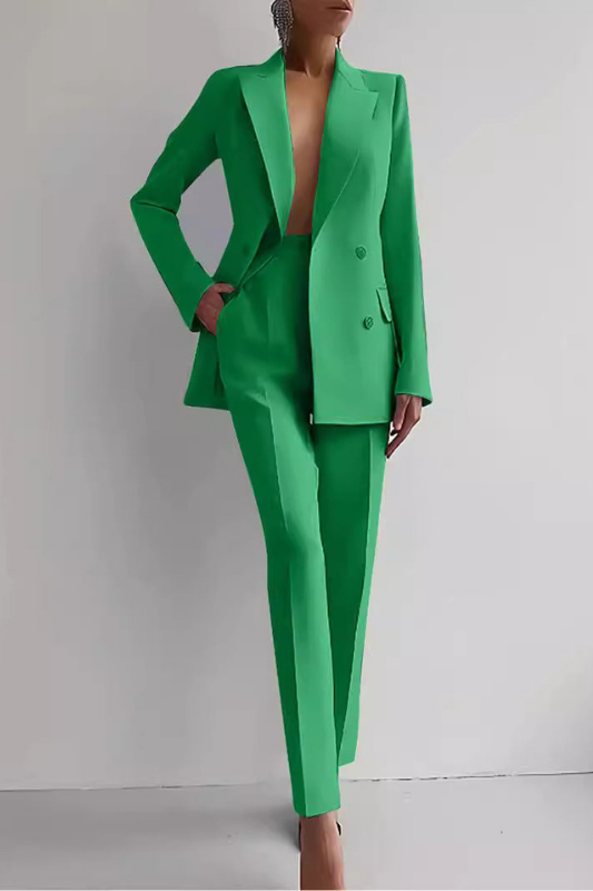 Green Women’s Double-Breasted Tailored Fit Blazer & Trousers Set on the model