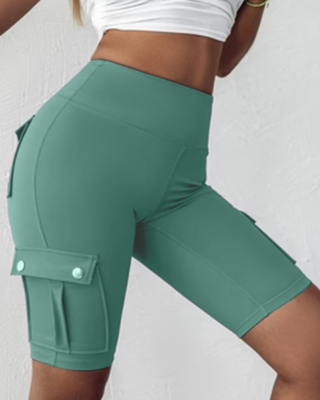 Green Women’s Tie-Belt High-Waisted Rolled Hem Shorts on the model