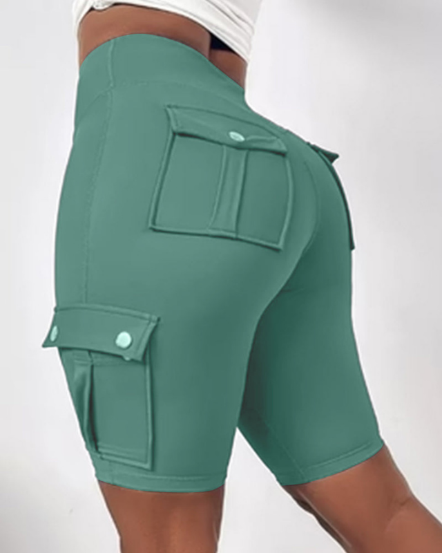 Green Women’s Tie-Belt High-Waisted Rolled Hem Shorts on the model
