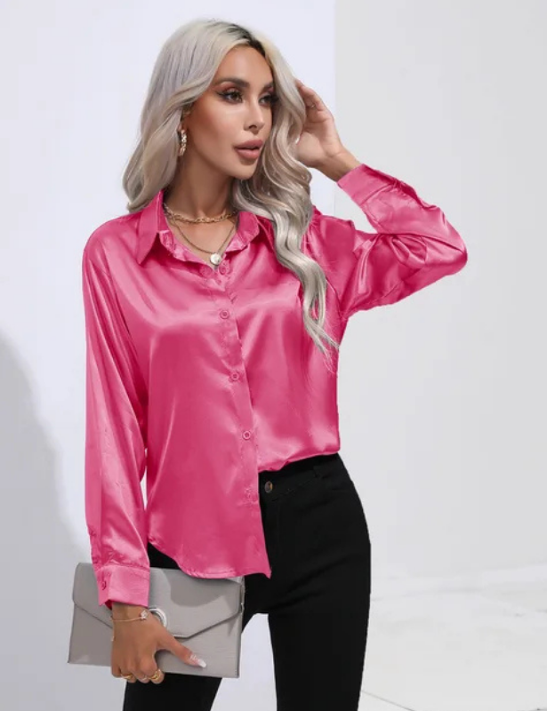 Hot Pink Women’s Relaxed Button-Up Blouse on the model